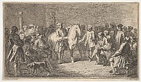 Standing men presenting a horse before a group of seated men, Jacques Philippe Le Bas  French, Etching with engraving