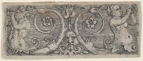 Horizontal Panel with Two Tritons with Foliate Tails Playing Horns, Barthel Beham  German, Engraving