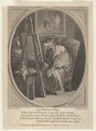 Painting (La Peinture): a monkey seated at an easel, dressed in a robe and beret and holding a painter's palette, a framed painting hanging on the wall beyond, Louis Desplaces  French, Etching and engraving