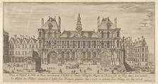 View of the façade of the Hôtel de Ville, Paris, in the foreground a cross on a stepped platform and a freestanding domed building, Israel Silvestre French, Etching