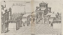 Interior View of the Court Yard and Frontal View of the Defense Mechanism at Chateau d'Anet, from "Les plus excellents bastiments de France", Jacques Androuet Du Cerceau (French, Paris 1510/12–1585 Annecy), Engraving