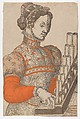 Woman Playing a Portative Organ, Anonymous, French, 16th century  French, Woodcut with pochoir in orange, two shades of brown and beige
