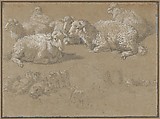 Reclining Sheep in a Landscape, Francesco Londonio  Italian, Black chalk, brush and leadwhite gouache, on brownish blue-green paper