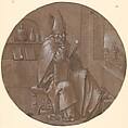Saint Ambrose Seated in an Interior, Anonymous, Netherlandish, 16th century, Pen and brown ink, brown wash, heightened with white gouache, on off-white paper prepared with brown gouache; framing line in pen and brown ink, by the artist