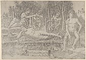 The metamorphosis of Amymone who lies at center leaning on her arm, surrounded by Apollo at left, Neptune at right and two satyrs, Girolamo Mocetto Italian, Engraving; first state of two (TIB)