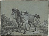 Man Mounting a Horse, Jacques François Joseph Swebach French, Pen and black ink, brush and gray wash, heightened with white gouache on blue paper. Framing lines in pen and black ink.