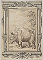 Rhinoceros in a Landscape within an Ornamental Frame, Johann Melchior Füssli  Swiss, Pen and gray, brown, and black inks, brush and gray wash
