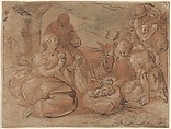 The Adoration of the Shepherds, Gerrit Pietersz. Sweelink  Netherlandish, Pen and brown ink, brownish-red wash, heightened with white gouache; framing line in pen and brown ink, by a later hand