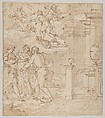 Tapestry Design with  Venus seeking help from Juno, Ceres and Jupiter, Giovanni Battista Castello, called Il Bergamasco  Italian, Pen and brown ink, brush and gray-brown wash, partially over black chalk; framing lines in pen and brown ink