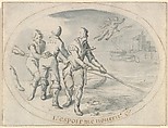 Emblem Drawing ("Hope sustains me"), Jacob Matham  Netherlandish, Pen and brown ink, brush and blue-gray wash; double framing lines in pen and brown ink, by the artist; framing lines in pen and brown ink, by a later hand