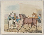 Two Soldiers of a Cavalry Unit, with Horses and Grooms, Henry Thomas Alken  British, Softground etching, hand colored