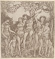 Allegory of the Power of Love, with a man at center embracing a semi-naked woman, who is bound to a tree by Cupid, Cristofano di Michele Martini (Il Robetta) (Italian, Florence 1462–after 1535 Florence), Engraving in brown ink