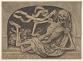 Memento Mori: a skeleton in a niche, Master IAM of Zwolle Netherlandish, Engraving