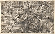 Saint Matthew seated and reading from a book held by a putto, set within a fanciful architectural backdrop, from a series of woodcuts of the Four Evangelists, copy after Rue Montorgueil woodcut, Anthony van Leest  Netherlandish, Woodcut