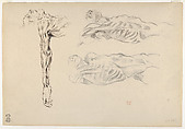 Écorché: Three Studies of a Male Cadaver, Eugène Delacroix (French, Charenton-Saint-Maurice 1798–1863 Paris), Pen and brown ink, graphite