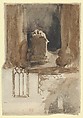 A Tomb and Studies of Windows in the Church of Valmont Abbey (recto); Four Studies of Horses (verso), Eugène Delacroix (French, Charenton-Saint-Maurice 1798–1863 Paris), Brush, black and brown ink, and wash over graphite (recto); graphite (verso) on wove paper