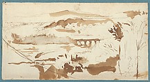 Landscape with an Aqueduct, Eugène Delacroix French, Pen and brown ink, brush and brown wash