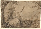 Skeleton Hanging from a Tree in a Landscape, Paul Bril  Netherlandish, Pen and brown ink, with brush and grayish-brown wash, over black chalk
