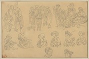Figures in Medieval Costume (Tracings from the "Nuremberg Chronicle"), Eugène Delacroix French, Graphite on tracing paper, laid down