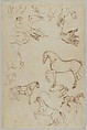 Studies of Horses, Hands, and Feet (recto); Studies of Heads and Figures (verso), Eugène Delacroix (French, Charenton-Saint-Maurice 1798–1863 Paris), Pen and brown and iron gall ink (recto); graphite, pen and iron gall ink, brush and brown wash (verso) on blue-green paper