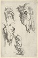 Three ox skulls, two horse skulls, and a grotesque head, study for "Democritus in Meditation", Salvator Rosa  Italian, Etching and drypoint