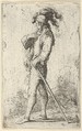 A warrior facing left wearing a plumed hat and holding a cane, from "Figurine", Salvator Rosa  Italian, Etching