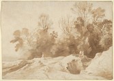 Landscape with Trees and Figures, Herman van Swanevelt Dutch, Brush and brown ink, over a sketch in black chalk; framing line in pen and brown ink