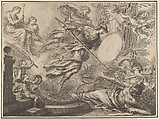 Minerva armed with a shield and lance attacking three nearly prone figures, Grégoire Huret French, Engraving