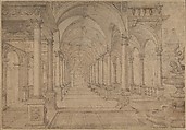 Architectural Capriccio with an Arcade and Fountain in Point Perspective [Study for a Painting of John the Baptist before Herod], Hans Vredeman de Vries  Netherlandish, Pen and brown ink with a gray wash over traces of black chalk, stylus and compass marks