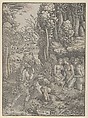 Diana turning Actaeon into a stag, Giovanni Battista Palumba (Italian, active ca. 1500–1520), Woodcut, letterpress on verso from Leon Baptista Alberti's 'Opera' (Florence 1496?)