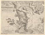 Winged putto whipping a satyr, H. Cooke, Sr. British, Etching (reverse copy)