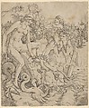 A triton family in the sea, with a mother and child seated on the back of a half-man, half-sea monster with a child blowing on a conch shell on his shoulders, Giovanni Battista Palumba Italian, Engraving