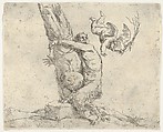 A winged putto flogging a satyr tied to a tree, Jusepe de Ribera (called Lo Spagnoletto)  Spanish, Etching