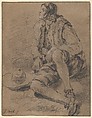A Young Man Seated on the Ground, Jan Miel (Flemish, Beveren 1599–1664 Turin), Black and white chalk, brush and gray ink on brown paper; framing line in pen and brown ink