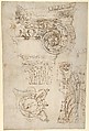 Composite capital, plan, elevation, and details; frieze, detail (recto) Forum of Nerva, entablature and attic, profiles; portico, perspective, and cornice, profile (verso), Drawn by Anonymous, French, 16th century, Dark brown ink, black chalk, and incised lines