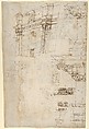 Composite capital, plan, elevation, and details; frieze, detail (recto) Forum of Nerva, entablature and attic, profiles; portico, perspective, and cornice, profile (verso), Drawn by Anonymous, French, 16th century, Dark brown ink, black chalk, and incised lines