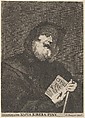 Saint dressed in a hooded cloak, holding  book with the inscription "CHARITAS"  from a portfolio of reproductions of the Imperial Gallery of Paintings in Vienna; plate 41 of the series, Giorgio Gasparo de Prenner  Italian, Etching