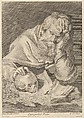 A saint seated at a table with his right hand resting on a skull, from a portfolio of reproductions of the Imperial Gallery of Paintings in Vienna; plate 33 of the series, Anton Joseph von Prenner Austrian, Etching