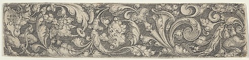 Frieze with Tendrils Growing from a Plant at Right and a Satyr Holding a Shield with the Artist's Monogram, Heinrich Aldegrever German, Engraving