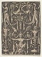 Panel with a Candelabrum Containing a Female Satyr Seated on a Helmet, Heinrich Aldegrever German, Engraving