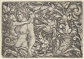 Horizontal Panel with Triton and Child Surrounded by Foliage, Heinrich Aldegrever German, Engraving