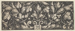 Horizontal Panel with Two Tendrils Sprouting Upwards from Horns at Center, Heinrich Aldegrever German, Engraving