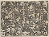 Horizontal Panel with Scrolling Tendrils Growing from Center, Heinrich Aldegrever German, Engraving