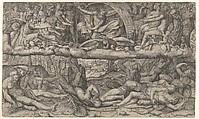 Fall of the Giants, Jupiter in the clouds overhead striking the Giants with lightning, Girolamo Fagiuoli  Italian, Engraving