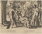Allegory of Justice depicting a street scene with a shepherd giving a sheet of paper to a judge at left, who rejects it, plate 11 from "Thronus Justitiae, tredecim pulcherrimus tabulis...", Willem van Swanenburg  Netherlandish, Engraving