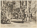 Allegory of Justice (Sanctity of the Law) with a court scene depicting a man being pardoned by a judge, plate 12 from "Thronus Justitiae, tredecim pulcherrimus tabulis...", Willem van Swanenburg  Netherlandish, Engraving