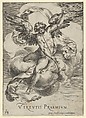 Winged genius seated on a cloud, sounding a trumpet with his left hand extended upwards, Cherubino Alberti (Zaccaria Mattia) Italian, Engraving