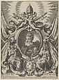 Bust portrait of Pope Leo XI set within a cartouche decorated with allegorical figures and objects pertaining to his office, Alexander Mair  German, Engraving (reverse copy)