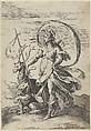 Diana holding a spear with a stag at right and holding a bear on a leash, Cherubino Alberti (Zaccaria Mattia)  Italian, Engraving (reverse copy)