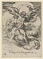 Winged genius seated on a cloud, sounding a trumpet with his left hand extended upwards, Cherubino Alberti (Zaccaria Mattia) Italian, Engraving (reverse copy)